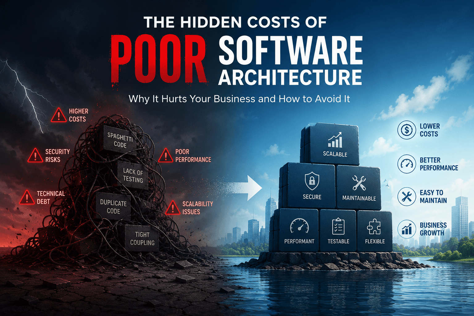 Cover image illustrating the hidden costs of poor software architecture, showing a contrast between chaotic systems and scalable, secure, well-structured software design.