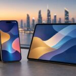 Smartphone and tablet with abstract app UI against a GCC city skyline — mobile app development GCC