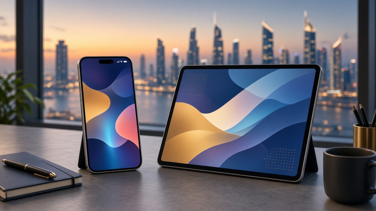 Smartphone and tablet with abstract app UI against a GCC city skyline — mobile app development GCC
