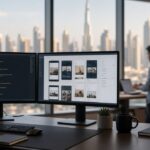 nearshore software development GCC — dual monitors with code and mobile app design