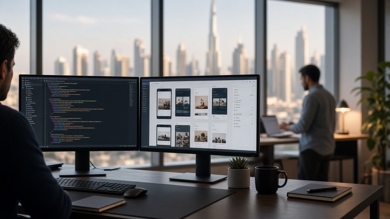 nearshore software development GCC — dual monitors with code and mobile app design