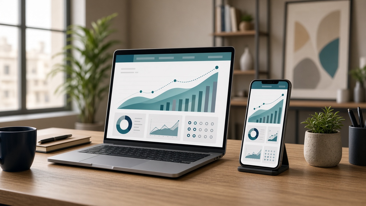 Laptop and smartphone showing matching dashboards — web and mobile development for Lebanon and GCC SMEs