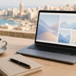 Laptop showing website mockup with Mediterranean coastal city view — website development Lebanon