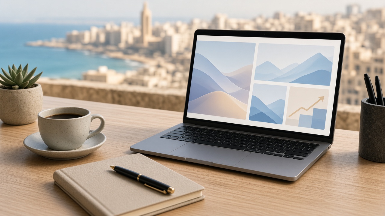 Laptop showing website mockup with Mediterranean coastal city view — website development Lebanon