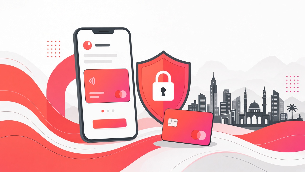 Illustration of a secure mobile fintech app, lock shield, and payment card with Lebanon and GCC skyline motifs