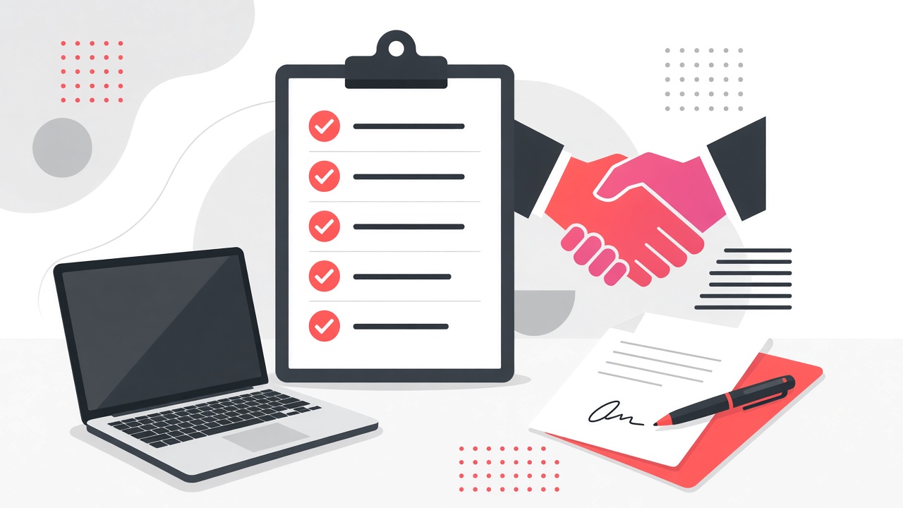 Illustration of a hiring checklist, handshake, and signed contract for choosing a software development agency in Lebanon