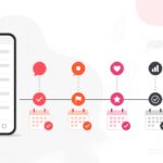 Illustration of a mobile app roadmap and timeline calendar with rocket milestones in coral and pink brand colors