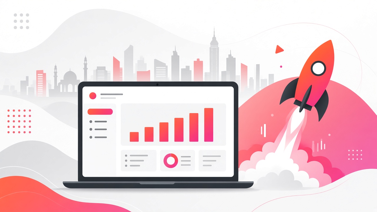 Illustration of a laptop, growth chart, and rocket with a city skyline representing MVP software development for startups in Lebanon