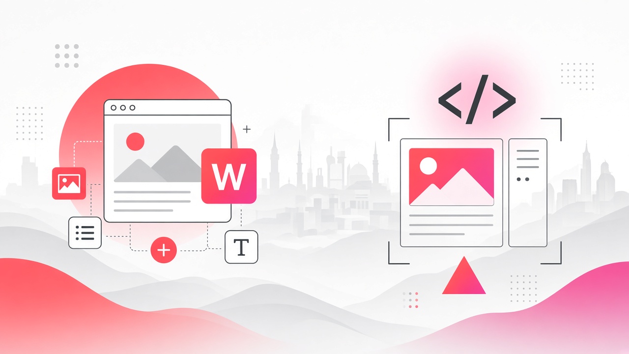 Illustration of WordPress and custom code paths for website development in Lebanon using coral and pink brand colors