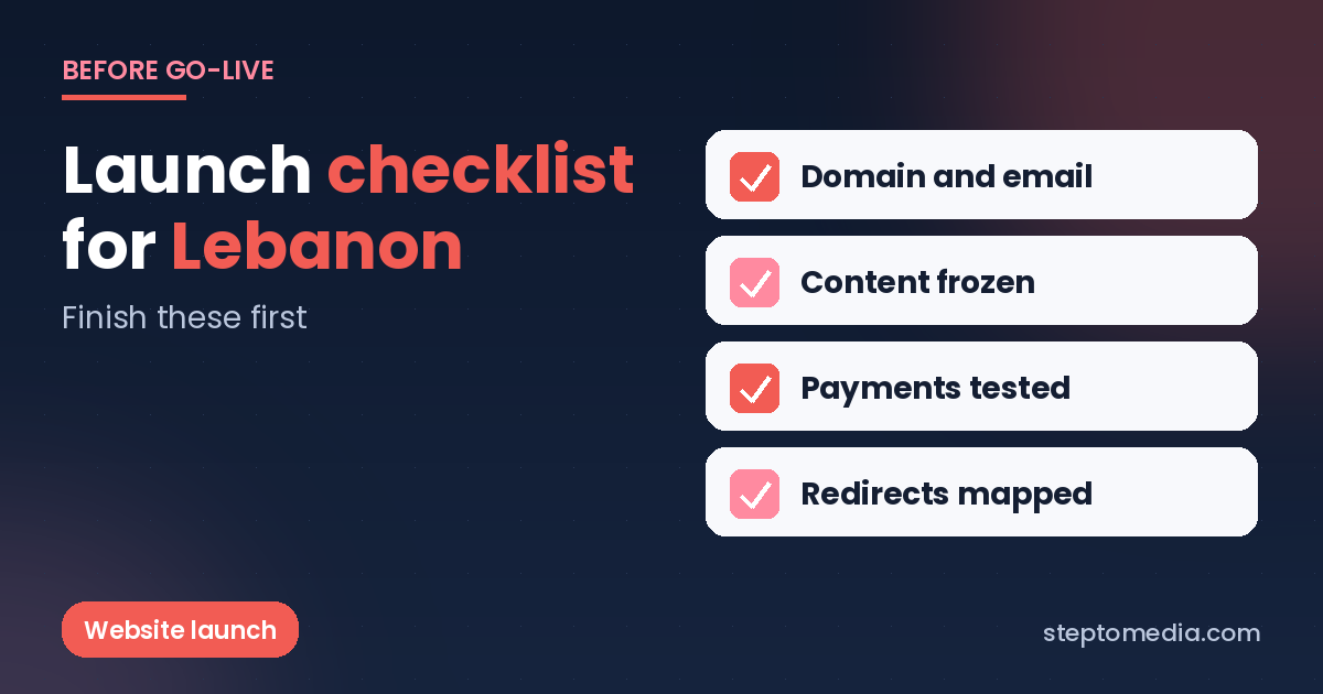 Website launch checklist for Lebanon with domain, content, payments and redirects checked off