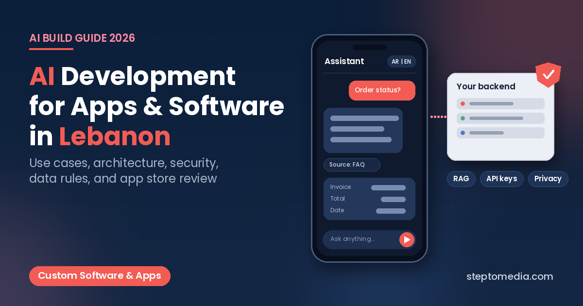 AI development in Lebanon for apps and software, phone showing a bilingual AI assistant with a cited answer and extracted invoice fields, connected to a secure backend, Step To Media navy featured image