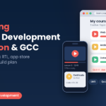 E-learning platform development in Lebanon and the GCC, Arabic and English course dashboard with progress bars and a quiz due, phone with a video lesson and certificate, Step To Media navy featured image