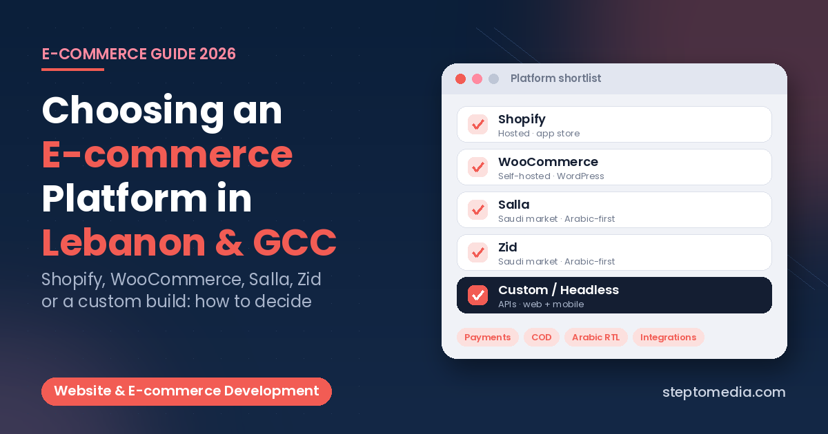 Choosing an e-commerce platform in Lebanon and the GCC, shortlist of Shopify, WooCommerce, Salla, Zid and custom headless, Step To Media navy featured image