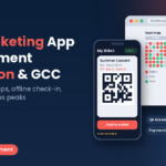 Event ticketing app development in Lebanon and the GCC, phone showing a QR event ticket and an organizer dashboard with ticket sales, seat map and gate check-ins, Step To Media navy featured image