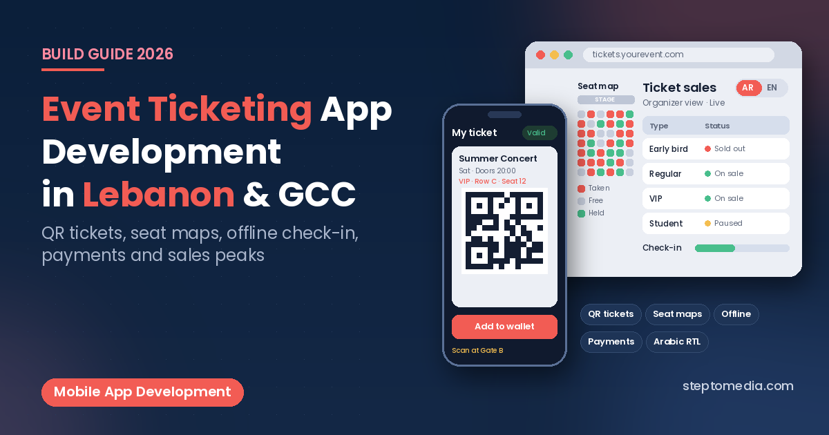 Event ticketing app development in Lebanon and the GCC, phone showing a QR event ticket and an organizer dashboard with ticket sales, seat map and gate check-ins, Step To Media navy featured image