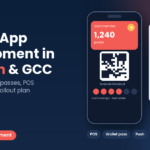 Loyalty app development in Lebanon and the GCC, phone showing a gold member points balance, checkout QR code and stamp card next to a rewards list, Step To Media navy featured image