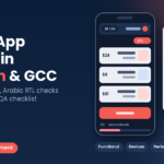 Mobile app testing in Lebanon and the GCC, phone with a mirrored right-to-left test screen next to a pre-launch QA checklist of passed and failed checks, Step To Media navy featured image