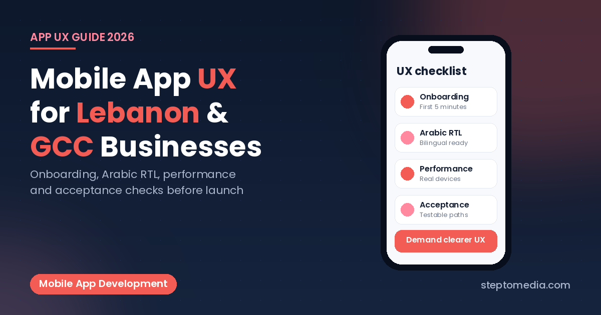 Mobile app user experience checklist for Lebanon and GCC apps on a navy Step To Media style background
