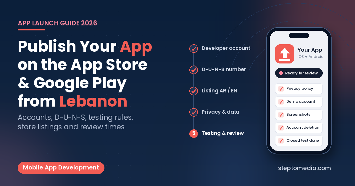 How to publish an app on the App Store and Google Play from Lebanon, launch checklist with developer account, D-U-N-S number, Arabic and English listing, privacy and testing steps, Step To Media navy featured image