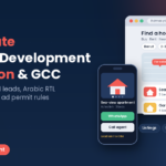 Real estate website development in Lebanon and the GCC, bilingual property search with filters, map pins and listings with permit numbers, phone showing a property page with WhatsApp and call buttons, Step To Media navy featured image