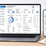 School management software dashboard on laptop and phone showing attendance, grades, timetable and parent messages in Arabic and English