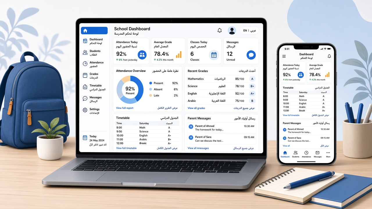 School management software dashboard on laptop and phone showing attendance, grades, timetable and parent messages in Arabic and English