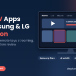 Smart TV app development in Lebanon for Samsung Tizen and LG webOS, TV screen with a bilingual streaming app home screen, focused tile and remote control, Step To Media navy featured image