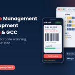 Warehouse management app development in Lebanon and the GCC, handheld scanner app showing a pick task and a warehouse dashboard with bin locations, stock levels and ERP sync, Step To Media navy featured image