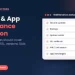 Website and app maintenance in Lebanon, support plan checklist with security updates, tested backups, uptime monitoring, SSL renewal, PHP and app store versions, Step To Media navy featured image