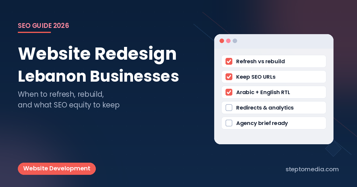 Website redesign checklist for Lebanon businesses, Step To Media navy featured image