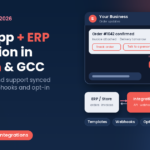 WhatsApp ERP integration in Lebanon and the GCC, chat card with an order confirmation template and customer reply, connected to an ERP through an integration service, Step To Media navy featured image